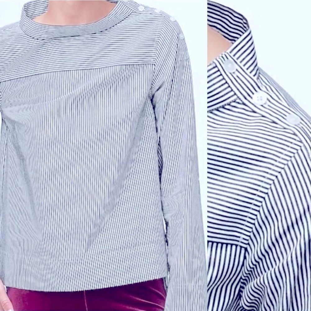 J Crew Funnel Neck Blouse Hi Low Hem pinstripe professional office blouse 10